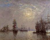 尤金 布丹 : Le Havre, European Basin, Sailing Ships at Anchor, Sunset